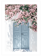 Mavi Kapı Ve Pembe Çiçekler - Art Print